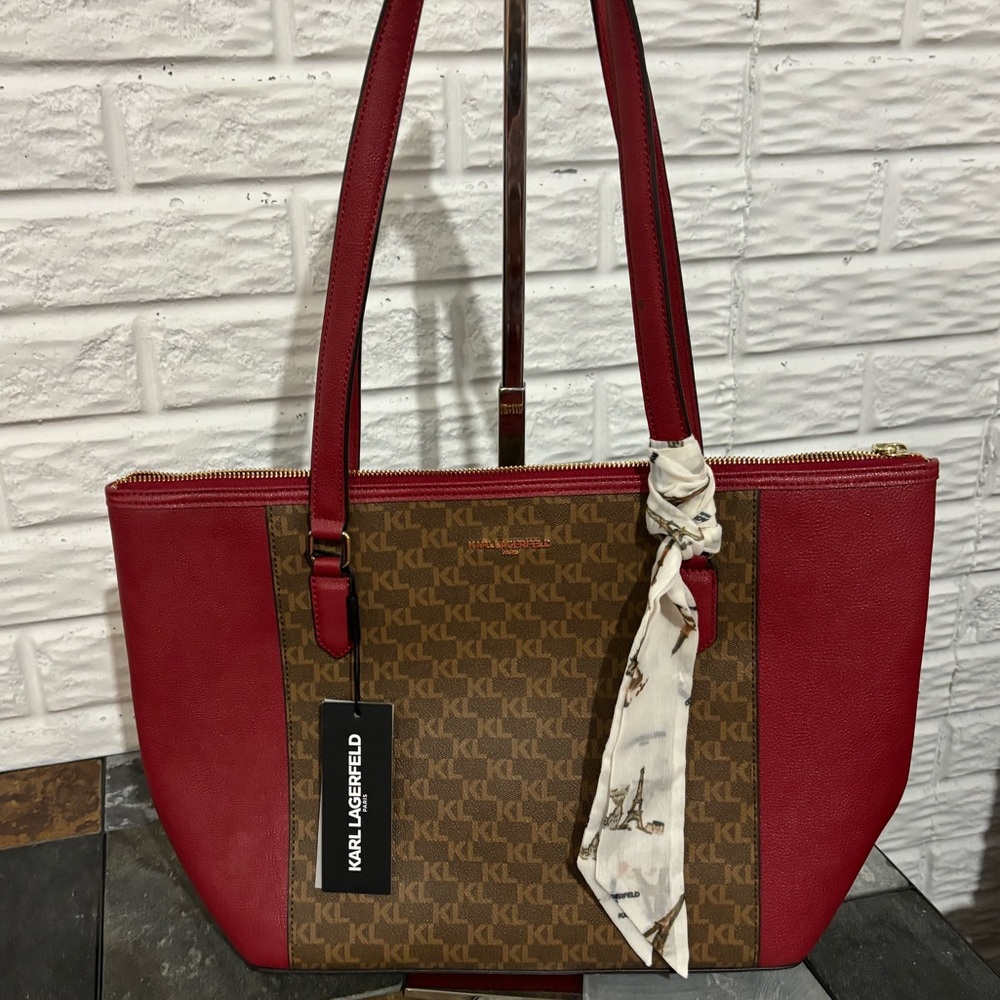 Karl Lagerfeld Paris Brenna Tote Bag in Red & Brown with Lagerfeld scarf.